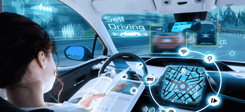 Self-driving car using AI, sensors, radar, and cameras to navigate roads as autonomous vehicle technology advances.